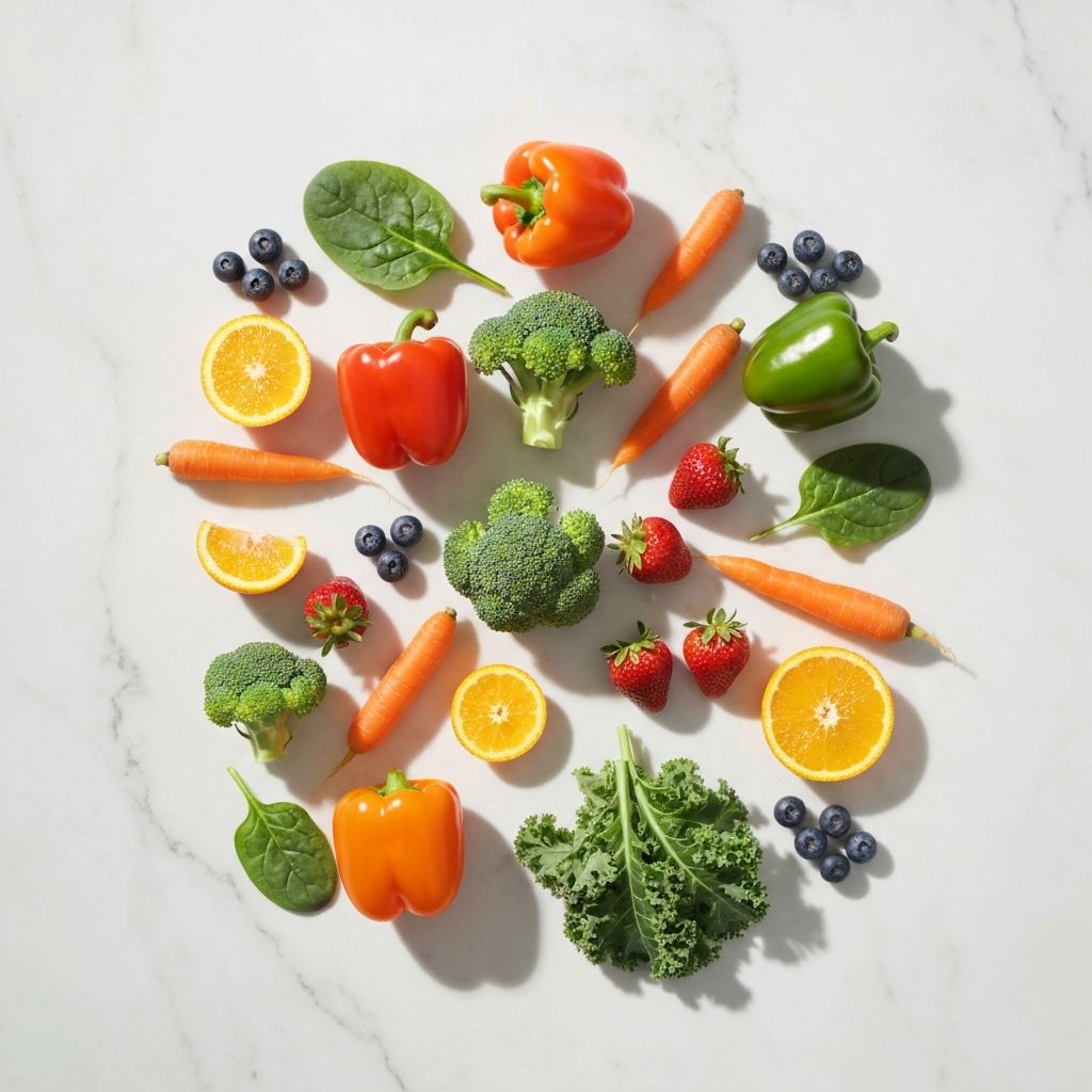Fresh vegetables and fruits flat-lay